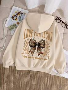 宽松百搭的时尚针织衫，饰有可爱蝴蝶结印花和连帽设计，适合秋冬季作为长袖叠穿上衣，米色可选。 - 杏色 - 查看 3