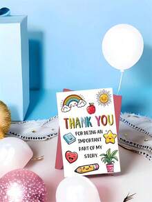 Happy Thank You Teacher Card With Envelope - Vibrant Cartoon Design Featuring Rainbow, Apple And Smiling Face, Ideal For Preschool, Daycare Or Childcare Year-End Gift