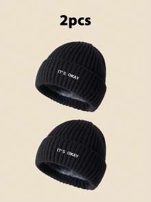 1pc Unisex "IT's OKAY" Embroidered Solid Color Knit Beanie, Men's Winter Thermal Lined Warm Cuffed Hat, Soft & Comfortable, Minimalist & Fashionable, Suitable For Cold Weather Winter Clothing - A - View 8