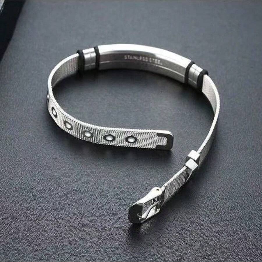 1pc Minimalist Stainless Steel Curved Plate Mesh Silver Color Bracelet, Length 17-22cm For Men