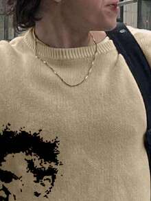 ANDREILEE 男士人像字母嵌花针织毛衣，休闲宽松圆领长袖套头衫，百搭保暖，适合春、秋、冬三季穿着。 - 卡其色 - 查看 3