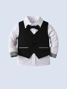 BOARNSEORL 3 Stücke Jungs Gentleman Outfit Set - Weißes Hemd mit Fliege, Weste und Hose, modisch & für Aufführungen, Partys, Hochzeiten, Outdoor-Aktivitäten