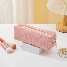 1pc Corduroy Pencil Case: Simple, Fashionable, Spacious, Suitable For Middle School Students, School Supplies - Pink - View 12
