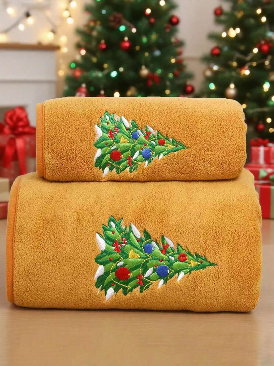1pc Coral Fleece Black Christmas Towel With Cartoon Characters - Santa Claus, Christmas Tree, Gingerbread Man, Soft, Absorbent, Suitable For Bathroom Decor, Beach, Pool, Christmas Gift Shower Towels For Beaty Salon, Hotel Sports,Home Essentials, Towel, Skin Care