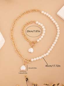 2pcs Fashion Simple Fashion Temperament Faux Pearl Bead Necklace Bracelet Jewelry Set OT Buckle Heart Pendant Suitable For Party Dating Gathering Party Matching Clothing To Wear