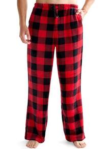 Mens Pajama Pants Soft Flannel Fleece Pajama Bottoms Sleep & Lounge Pants With Pockets And Drawstringhalloween - 黑色和紅色格子 - 查看 1
