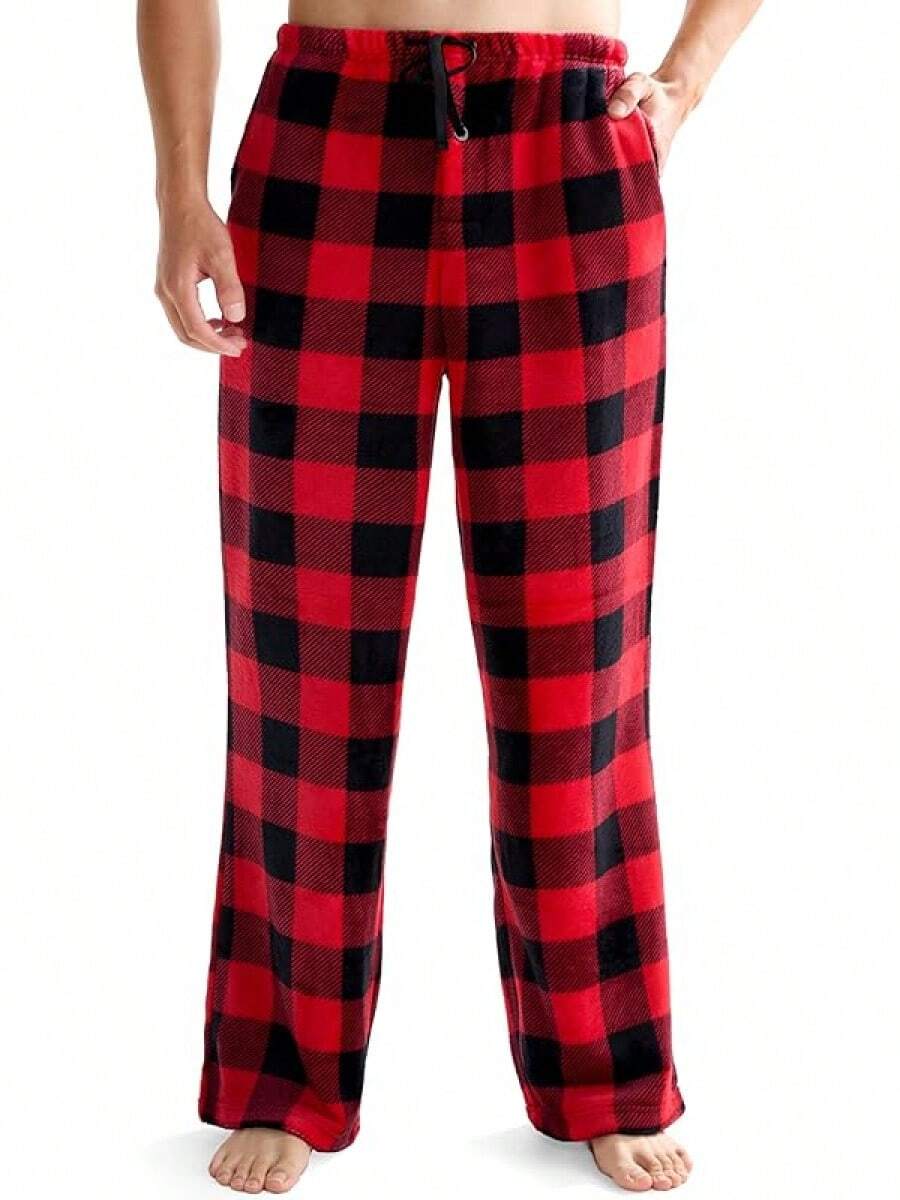 Mens Pajama Pants Soft Flannel Fleece Pajama Bottoms Sleep & Lounge Pants With Pockets And Drawstringhalloween - 黑色和紅色格子 - 查看 1