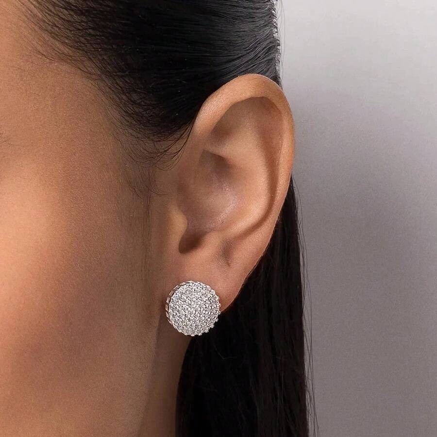 Rommanel 925 Silver Button Zirconia Earring - Silver - View 1