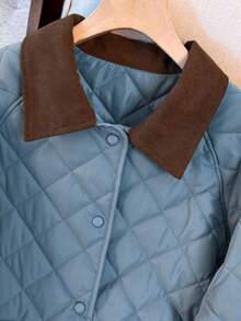 时尚拼布绗缝领宽松长袖棉服外套，带口袋和纽扣