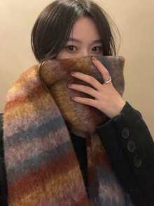 1件装女士棕色凌乱辫子羊毛条纹针织围巾，适合搭配连衣裙 - 棕色 - 查看 2