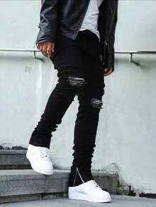 Men's Ripped Skinny Jeans With Zipper Cuffs - Black Distressed Denim Pants - màu đen - Xem 3