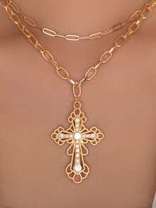 1pc Double Layer Cross Necklace For Women, Fashionable French Hip-Hop Style Casual Minimalist Versatile, Suitable For Daily, Street, Valentine's Day, Party, Holiday Wear Or Gift