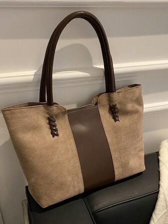 女士棕色绒面革和棕色皮革手提包 - 大容量，双提手，编织细节装饰，适合日常和休闲场合使用