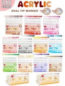 12-Color Set Of Dual-Tip Acrylic Paint Markers, Skin Tone & Pink Shades, 240 Blendable Colors, Soft & Chisel Tips, For Art Students, DIY Painting On Stone/Glass/Fabric/Shoes