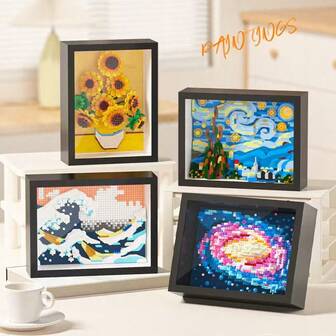 World Famous Painting Brick Building Block Set, DIY Self-Assembly, Micro-Particle Bricks For Precise Details, Sunflower Frame Bricks, The Great Wave Of Kanagawa Frame Bricks, Starry Night Frame Bricks, Adult & Teen Building Block Toys, Stress Relief Toys, Desk & Home Decor, Office Decor, Creative Gifts For Holidays, New Year, Birthday