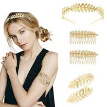 5件套希腊女神风格服装及配饰套装，包括树叶皇冠、发箍、手镯、耳环、新娘头饰、万圣节主题