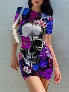 Vestido corto ajustado para dama unitalla 32 34 con estampado de calaveras coloridas y catrina floral ideal para Día de Muertos y Halloween, manga corta, mini vestido cómodo y femenino, prenda ligera de una sola pieza que estira ligeramente, no se transparenta, no se despinta al lavar, perfecto para fiesta temática, disfraces, reuniones, salidas nocturnas o uso casual, diseño llamativo que realza la silueta y combina con accesorios para un look único y original - Flores Moradas - Ver 1
