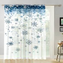 1PC Blue Snowflake Christmas Sheer Curtain, Gradient Snowfall Design, Light Filtering, Voile, Festive Home Rod Pocket Window Decor. - Multicolor - View 1