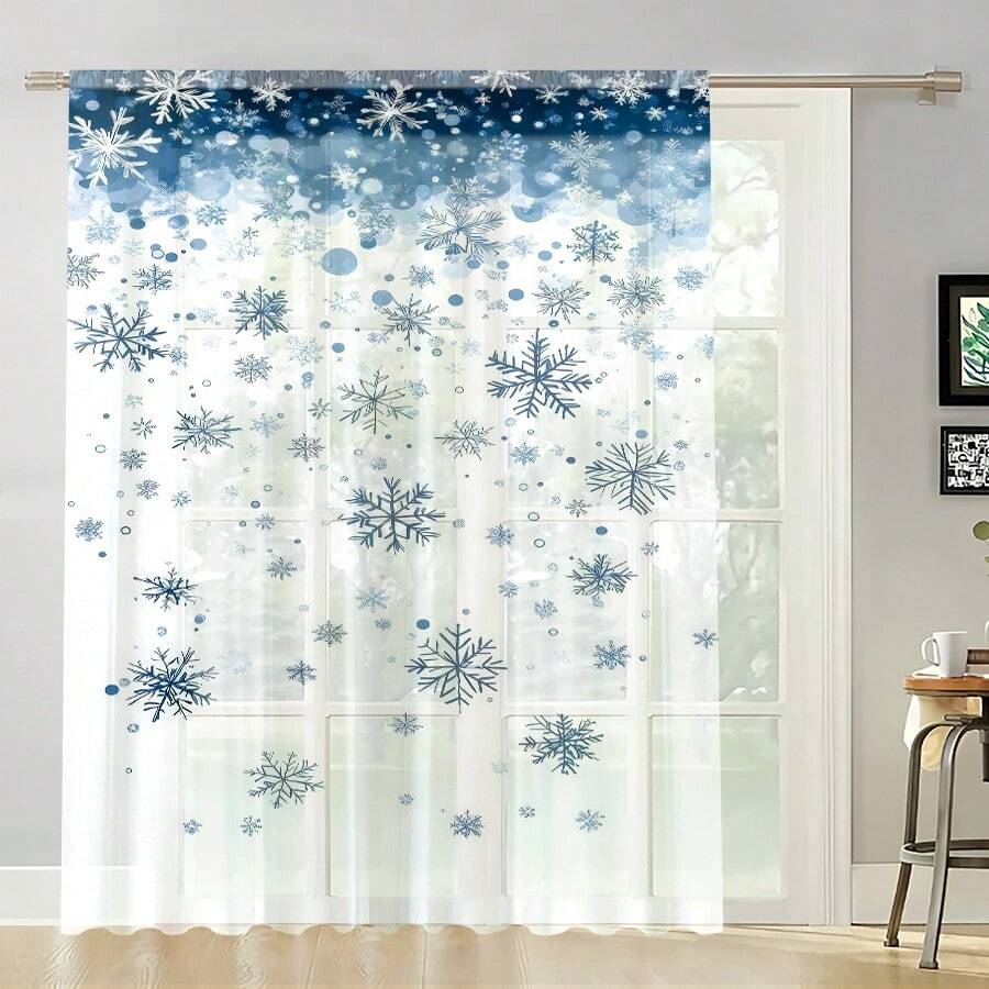 1PC Blue Snowflake Christmas Sheer Curtain, Gradient Snowfall Design, Light Filtering, Voile, Festive Home Rod Pocket Window Decor. - Multicolor - View 1