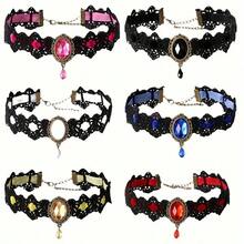 1pc Gothic Lace Choker Necklace With Rhinestone, Adjustable Clavicle Jewelry, Women'S Fashion Collar, Gift For Parties, Halloween, All-Season Accessory - 1 件隨機顏色 - 查看 3