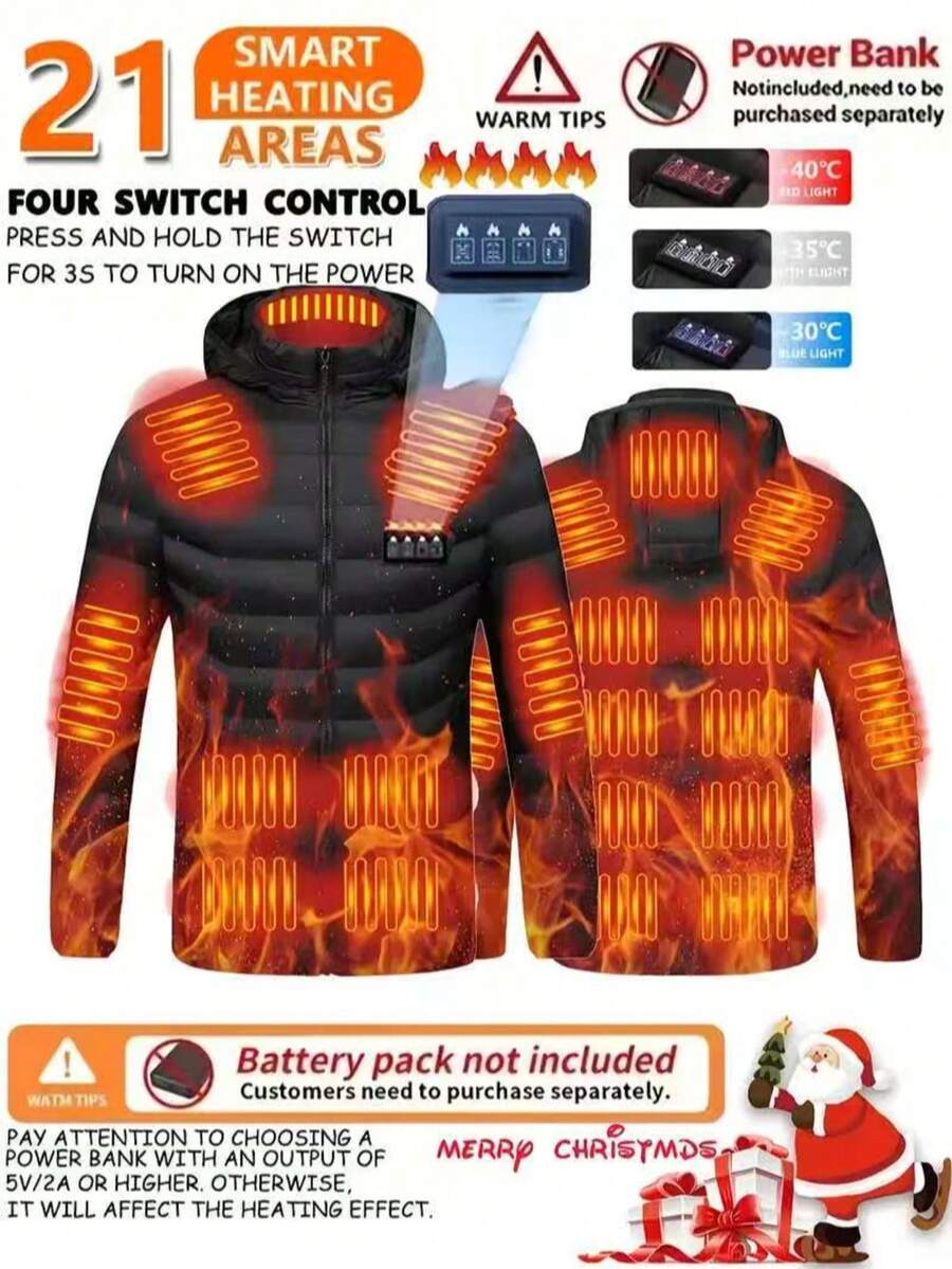 Men's Heated Clothing, Winter Warm Jacket, 21-Zone Multi-Directional Heating System, Recommended For Outdoor Cycling And Skiing, Casual, Fashionable And Popular Style, Winter Warmth, USB Power Supply, Without Power Bank - 黑色 - 查看 1