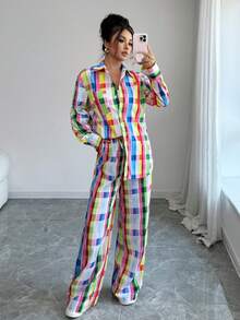 Women's 2pcs Set Colorful Plaid Print Long Sleeves Shirt And Elastic Pants For Loungewear Soft Sleepwear Casual Style, Vintage Inspired Fashion ,Can Be Worn Outdoor,Has The Look And Feel Of Cotton