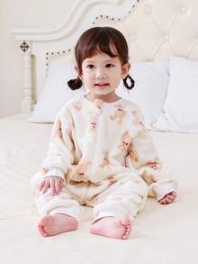 婴儿幼儿宝宝法兰绒分腿睡袋，四季皆宜，蓬松柔软，可爱小熊印花长袖连体睡袋，0-3岁 - 小熊 - 查看 7