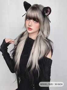 NAMM 30 英寸灰色渐变黑色长波浪假发，女士宽松长波浪假发，华丽蓬松合成假发，刘海自然外观，非常柔软合成耐热纤维头发，漂亮的全机发假发适合时尚女孩日常、动漫或服装角色扮演装饰、音乐节舞会街头穿着使用（渐变灰黑色） - 漸層 - 查看 4