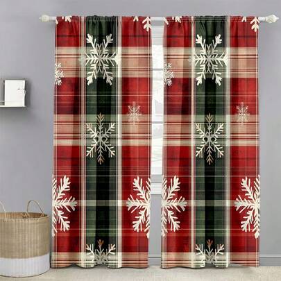 2 zasłony w kratkę świąteczną w kształcie płatków śniegu, dekoracja okienna z tkaniny przepuszczającej światło, świąteczna dekoracja do zimowego domu w stylu rustykalnym, kieszeń na drążek