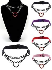 1pc Gothic Heart Choker Necklace, PU Leather Punk Rivet Collar Necklace, Creative Gift For Halloween, Christmas, Valentine's Day Party - Multicolor - View 11