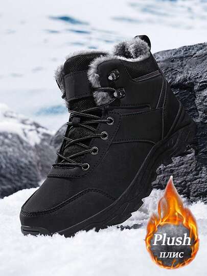 Men's Winter Snow Boots, Size 46, 47, 48, Anti-Slip Thermal Lining, Mid-Top Outdoor Warm Hiking Boots, Waterproof Upper, Soft Cushioning Comfort, Black, Suitable For Daily Wear, Outdoor Hiking, Trekking, Snow Walking In Cold Winter