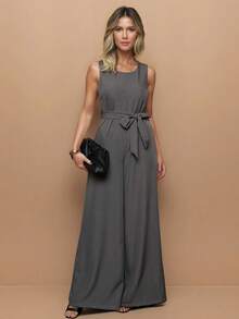 Elegant Linen Pantaloon Jumpsuit With Wide Legs And Discreet Pockets. TAILORED OVERALL WITH POCKET AND BELT. - Dark Grey - View 1