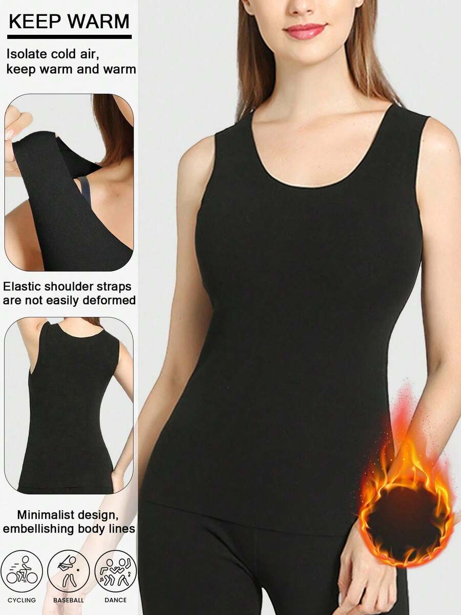 Seamless Warm Bottom With Medium Thick Fleece And Quick Heating Thermo Double Sided Sleeveless Tight Thermal Underwear Vest Winter Women's - Black - View 1