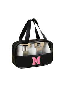 1个多功能PVC洗漱包，透明PVC化妆包，大容量化妆包，DIY字母设计化妆包，防水旅行收纳包，简约字母贴纸旅行化妆包，适用于化妆品、香水，适合海滩、学校、浴室、节日、母亲节、圣诞节等场合，是送给妈妈、家人、朋友的绝佳礼物，男女通用旅行洗漱包，浴室化妆包 - 黑色 - 查看 13