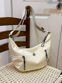 1pc Girls' Solid Color Nylon Zipper Closure Casual Crossbody Bag, Suitable For All Seasons Daily Use