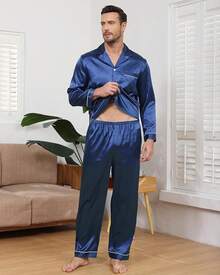 BigKing Conjunto de Pijama de satén de Seda para Hombre, Conjunto de Pijama para Hombre, Suave, Manga Larga, Abotonado - Burdeos - Ver 2