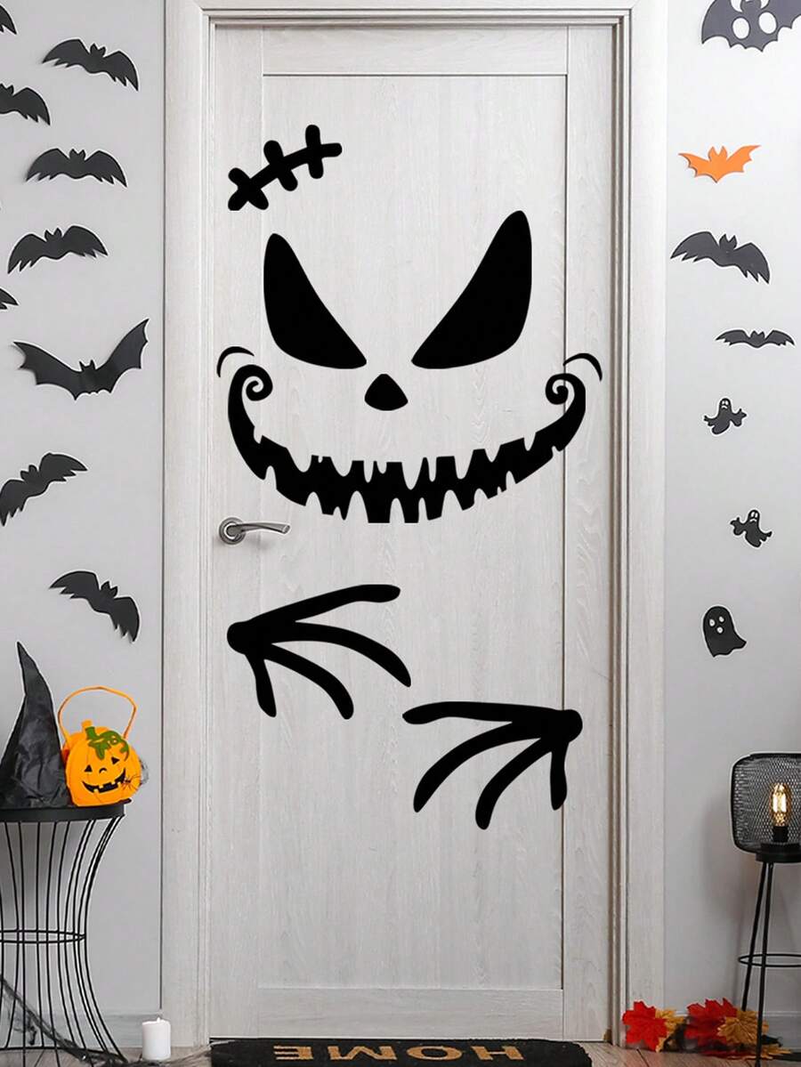 Black Halloween Door Sticker, Ghost Face Stickers, Black Ghost Window Wallpaper For Indoor Outdoor Party Decoration, Haunted House Supplies/Halloween Door Decorations/Halloween Bedroom Decorations