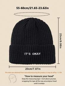1pc Unisex "IT's OKAY" Embroidered Solid Color Knit Beanie, Men's Winter Thermal Lined Warm Cuffed Hat, Soft & Comfortable, Minimalist & Fashionable, Suitable For Cold Weather Winter Clothing - A - View 4