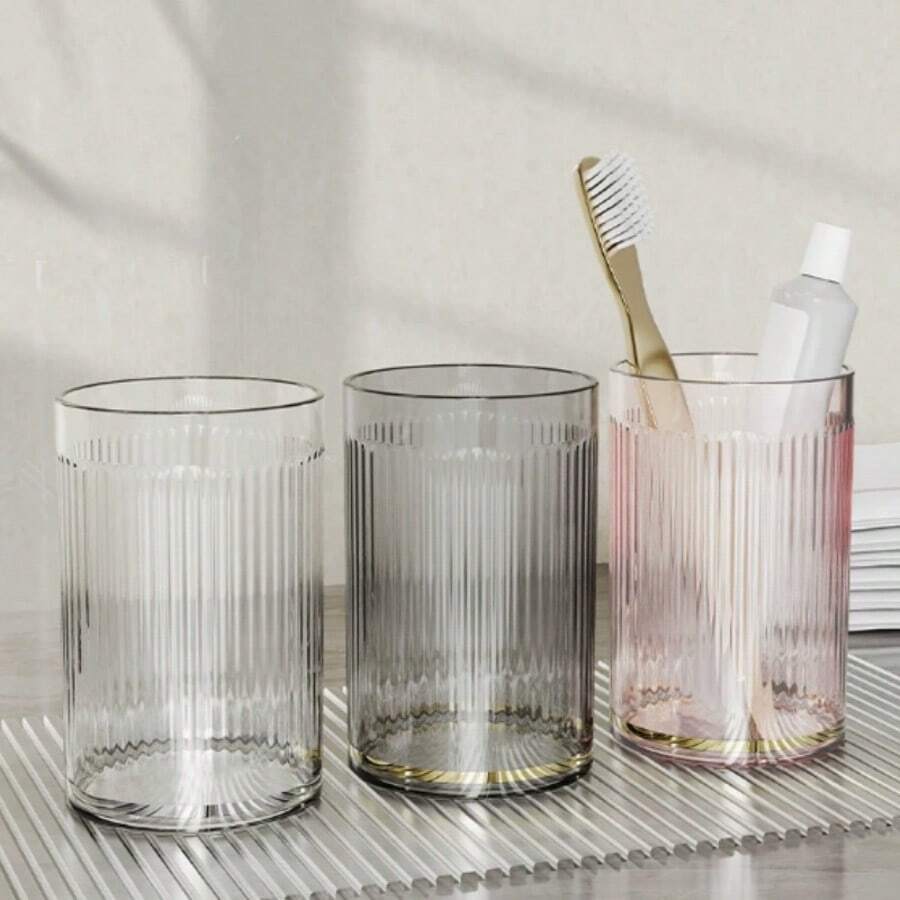 New Gold-Plated Vertical Striped Rinse Cup, A Luxurious And Minimalist Rinse Cup With High Aesthetics, Suitable For Brushing Teeth At Home, Couples, Bathroom Use, Simple And Transparent Design, Couple Color Matching. - Multicolor - View 1