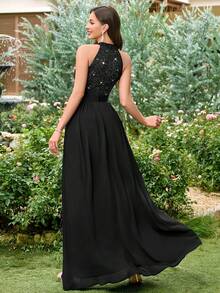 MIUSOL Đầm dạ hội sang trọng, hở lưng, phối ren hoa đính sequin, chất liệu chiffon màu tương phản, xếp ly, thích hợp cho khách dự đám cưới, lễ tốt nghiệp, tiệc chiêu đãi và các dịp khác. Màu đen, thích hợp cho mùa hè. - màu đen - Xem 3