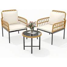 Patio Bistro Set,3 Piece Outdoor Wicker Table And Chairs Set Of 2 With Cushions,All-Weather Rattan Patio Furniture Set,Conversation Sets For Front Porch Backyard Poolside Deck Apartment - Beis - Ver 1