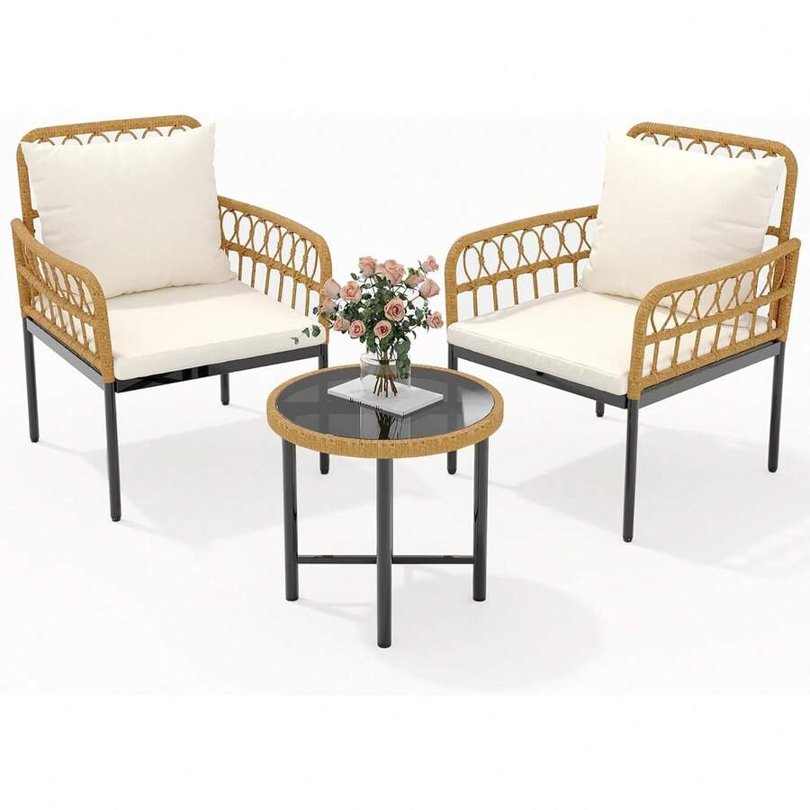 Patio Bistro Set,3 Piece Outdoor Wicker Table And Chairs Set Of 2 With Cushions,All-Weather Rattan Patio Furniture Set,Conversation Sets For Front Porch Backyard Poolside Deck Apartment - Beis - Ver 1