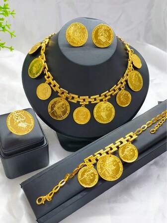 4pcs Fashion Women Portrait Coin Pendant Necklace Earrings Bracelet Ring Jewelry Set, Gold Plated, Suitable For Wedding, Party, Halloween, Christmas, New Year, Holidays Gift