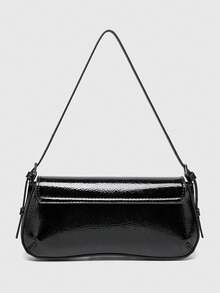 新款跨境西班牙风女士翻盖单肩包，通勤时尚百搭简约腋下手提包，人造革（不含礼品袋） - 黑色 - 查看 5