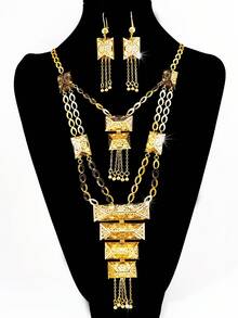 3pcs Elegant & Luxurious Gold Long Necklace And Earrings Set, Hollow Faux Turquoise Jewelry Set, Suitable For Women's Daily, Party, Wedding, Holiday As Gift - Yellow Gold - View 5