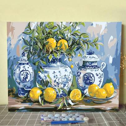 1 件套数字油画丙烯颜料套装，青瓷色和柠檬色，16x20 英寸画布，简易丙烯画套装，含画笔和颜料，适合初学者、家居装饰以及生日、父亲节、圣诞节、母亲节的礼物