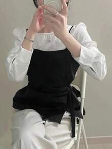 2026 Spring/Autumn Bow Tie Strap Camisole + Long Sleeve Shirt 2-Piece Set - Black and White - View 4