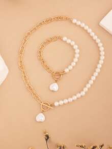 2pcs Fashion Simple Fashion Temperament Faux Pearl Bead Necklace Bracelet Jewelry Set OT Buckle Heart Pendant Suitable For Party Dating Gathering Party Matching Clothing To Wear