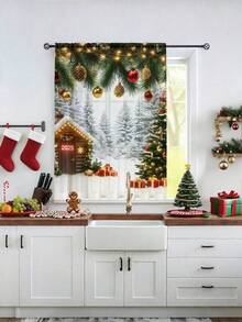 1pc Christmas Gift Christmas Snowman, Reindeer, Christmas Tree Atmosphere Decorative Sheer Curtain, Translucent But Not See-Through Window Voile Curtain, Suitable For Living Room And Bedroom, Door Curtain, Kitchen Curtain, Noise Reduction, Christmas Decorative Rod Pocket Sheer Curtain (100g Fabric Weight)