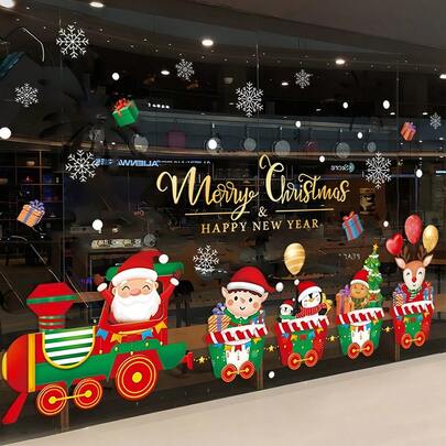 Christmas Window Sticker Set, Merry Christmas And Happy New Year, Santa Claus Train Snowflake Gift Box Stickers, Removable PVC Christmas Window Stickers, Holiday Decorations, Christmas Train-Themed Window Stickers, Santa Claus And Reindeer Decorative Stickers
